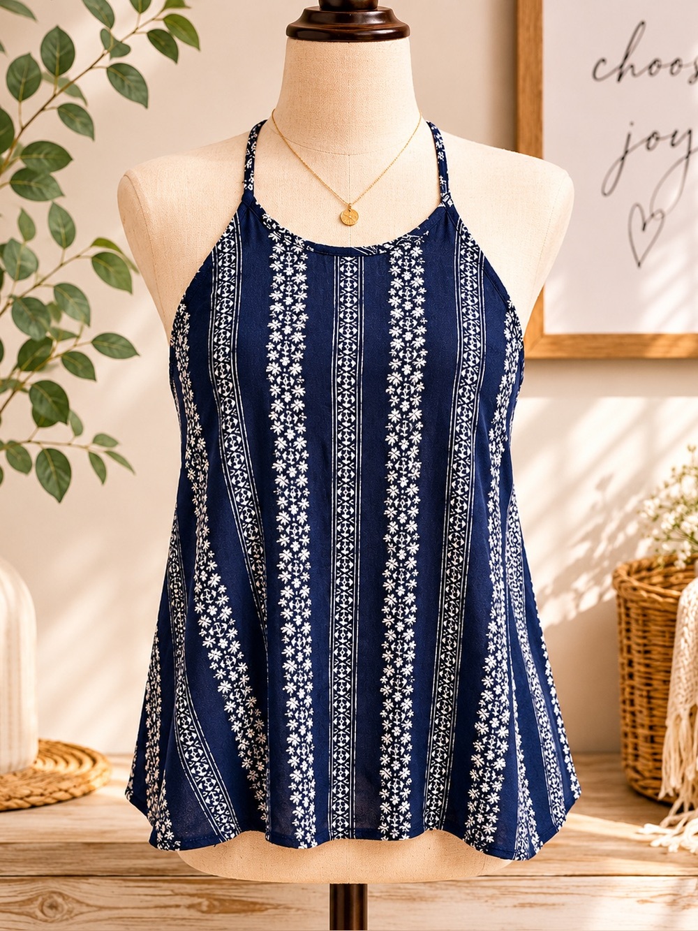 Navy Floral Stripe Halter Tank Top